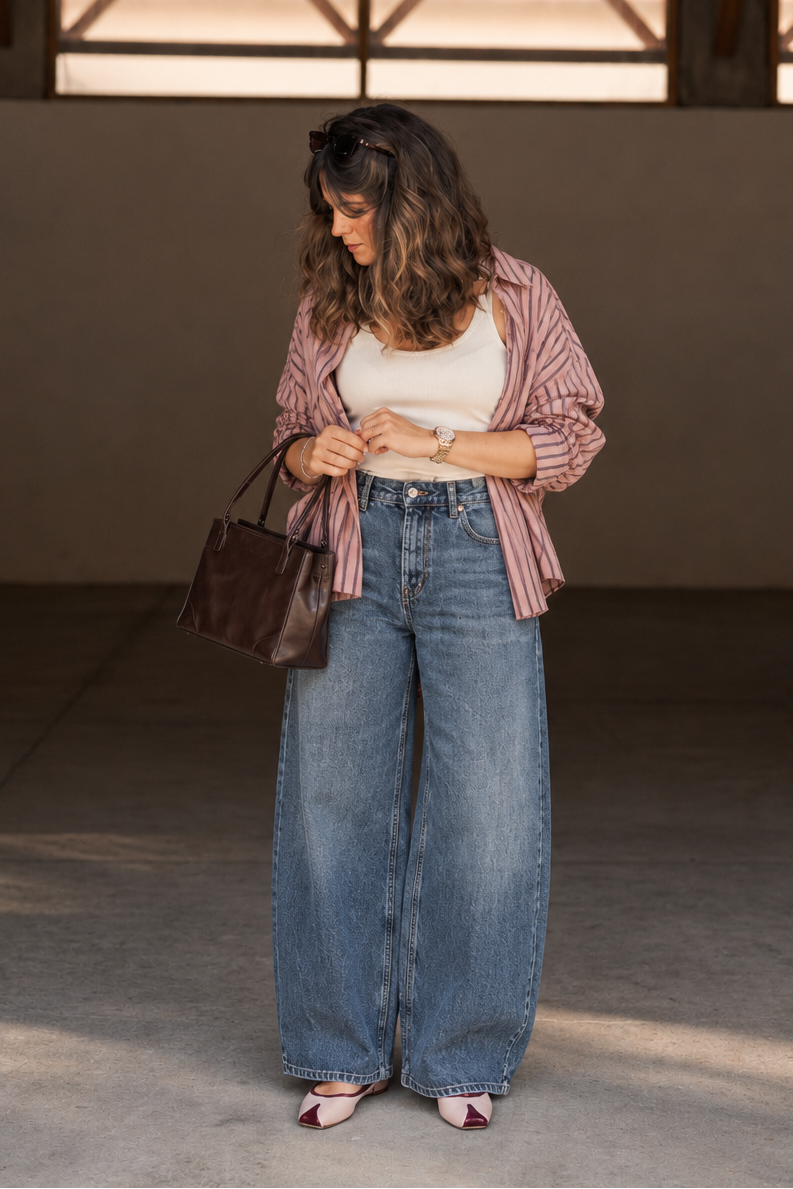 A woman stands in a sunlit indoor space wearing a white tank top, wide-leg blue jeans, a pink and white striped button-up shirt, and pointed flats. She carries a dark brown leather handbag.