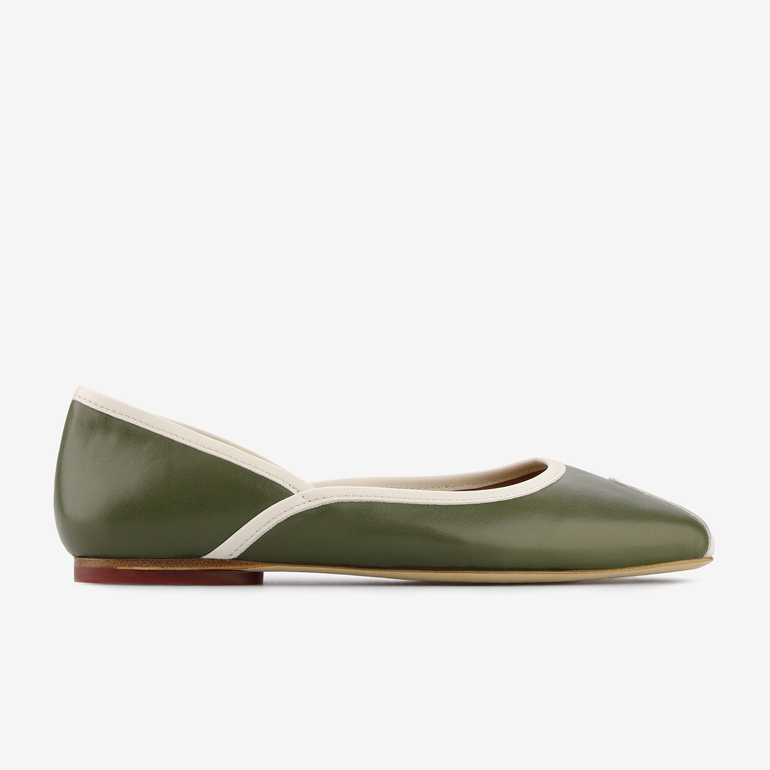 TUAS Julia olive green flat shoe with white accents on a white background