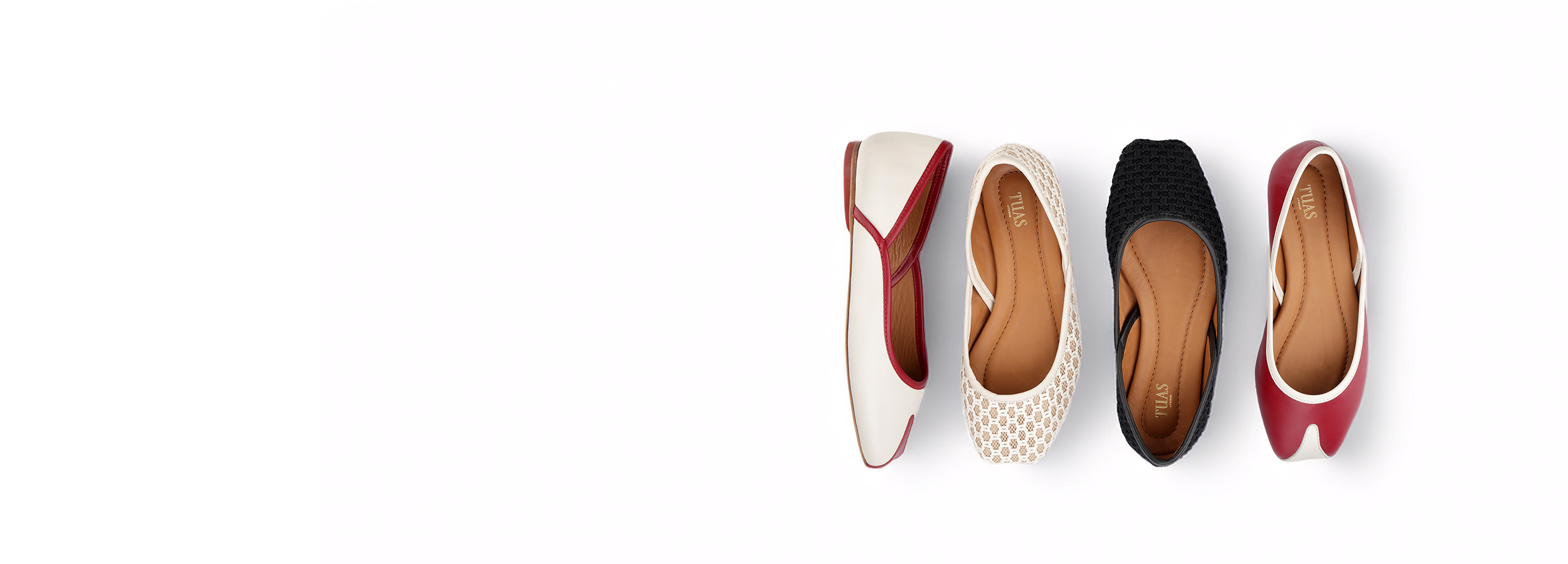 Four pairs of women's flats in different colors on a white background